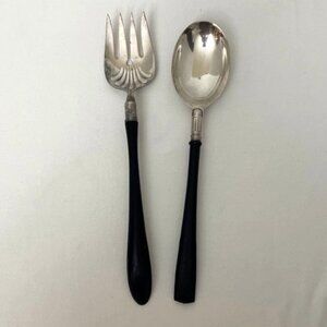 Vtg Gorham Electroplate Salad Serving Spoon & Similar Style Fork Black Handle